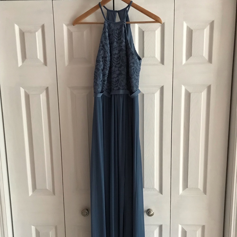 David’s Bridal floor length blue dress
